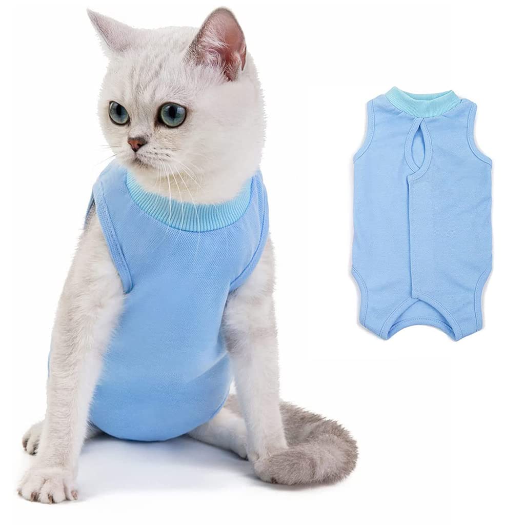 Qpets Cat Recovery Suit After Surgery Cat Clothes for Abdominal Wounds, Fix Wound Wrap, Cat Surgery Suit for Surgery Recovery, Cat Clothes with Adjustable Closure(M, Blue)