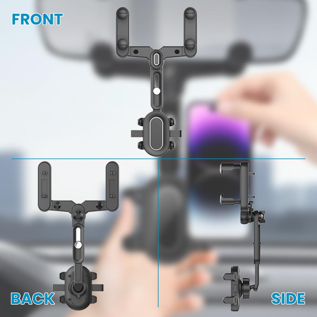 STHIRA Rearview Mirror Phone Holder for Car with 360° Rotation and 4-Claw Grip | Retractable Arm