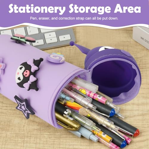 PATPAT Kawaii Pencil Pouch Pen Holder for Girls Sanrio Cartoon Kuromi Silicone Pencil Pouch DIY Fun Pen Holder with Kuromi Charms School Stationeries Bag Birthday Gift Christmas Gift for Girls
