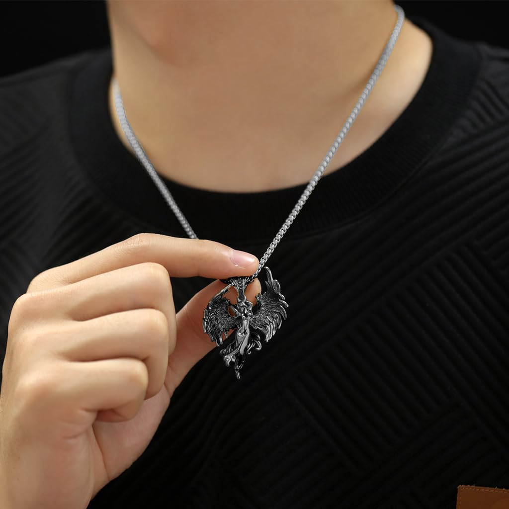 Proberos Guardian Angel Pendant Necklace featuring Winged Dark Angel Design for Men | Titanium Steel Unisex Jewelry