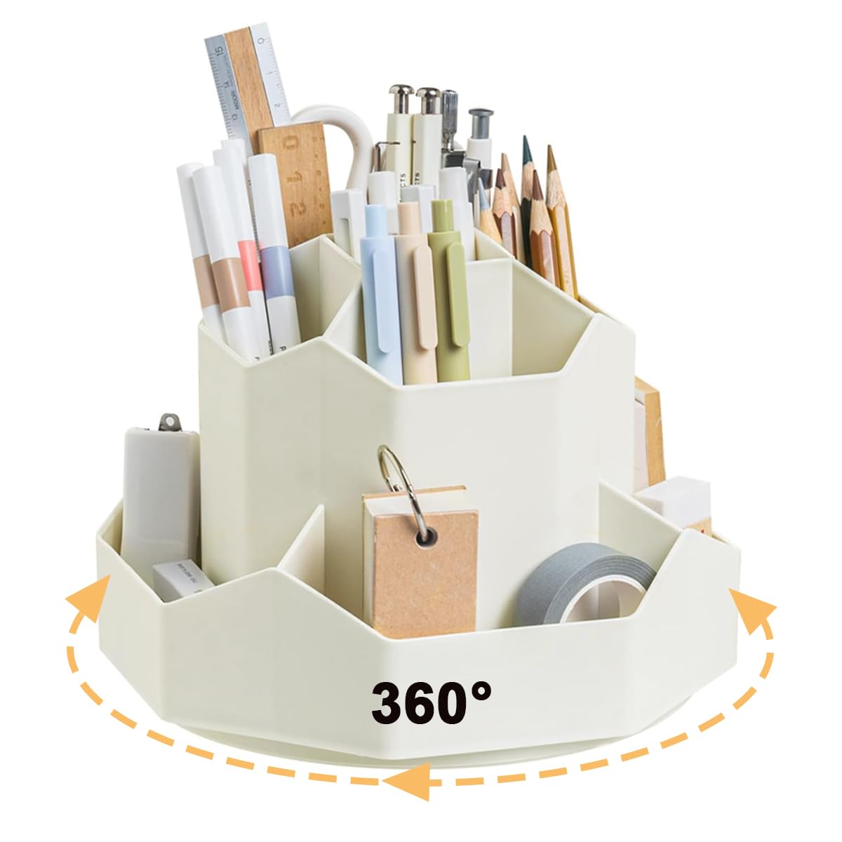 Climberty Pen Stand for Study Table with 9 Slots and 360 Degree Rotating Organizer | Beige Desk Storage for Office School Home