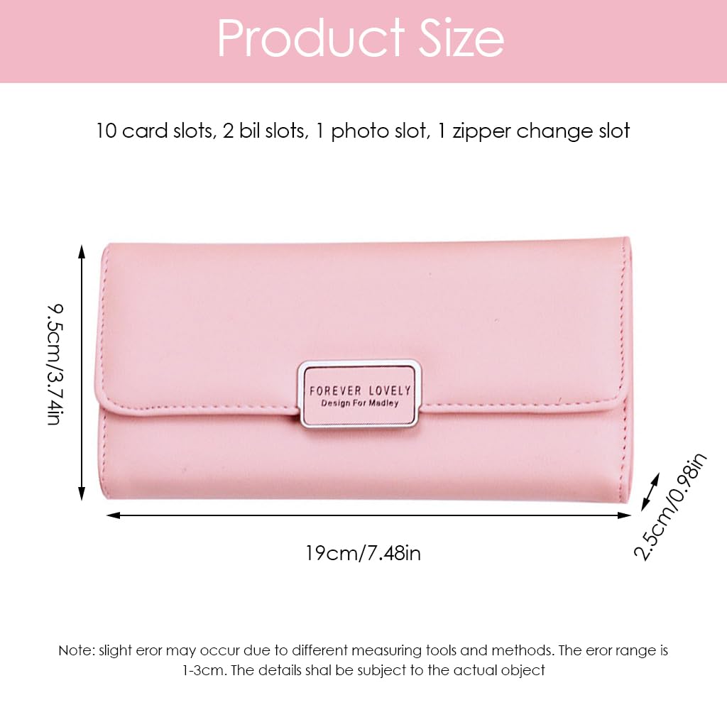 ZIBUYU Hand Purse for Women featuring 10 Card Slots and Zipper Pocket in Pink PU Leather | 19cm x 9.5cm Travel Wallet