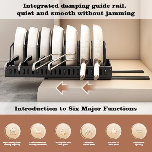 Supvox® Cabinet Pan Organizer Holder, Pull-Out Stainless Steel Dish Holder Wire Storage Holder, DIY Customized Spacing, No Drill Adhesive Sliding Rail, Multi Pots Rack for Countertop, Cabinet