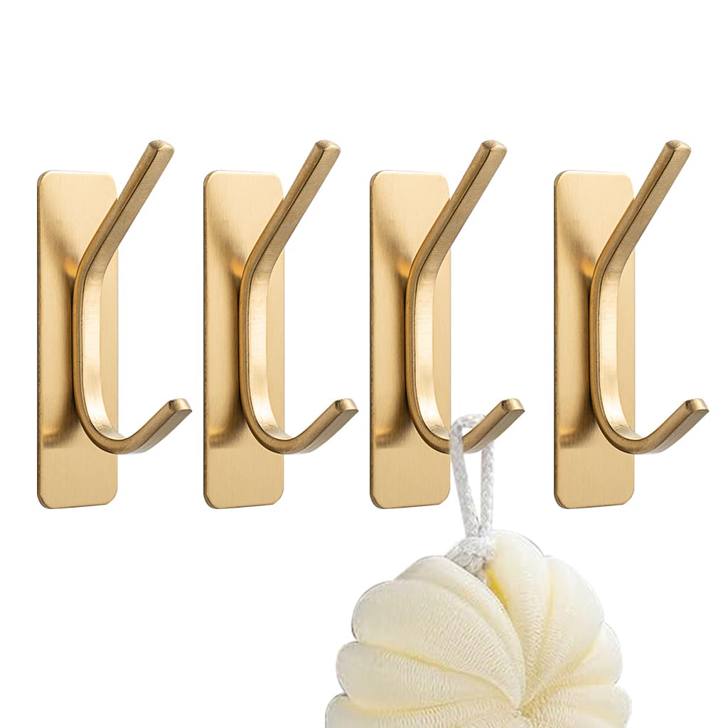 Supvox Wall Hooks for Kitchen Bathroom and Entry featuring Dual Hook Design | 4Pcs Golden Stainless Steel No Drill Adhesive