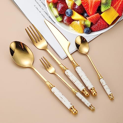 HASTHIP® Set of 5 Cutlery Set, Stainless Steel Spoon and Fork Set, Cutter, Fork Tablespoon, Dessert Spoon, Fruit Fork, Exquisite Ceramic Handle Cutlery, Gift Cutlery for Festival (White)