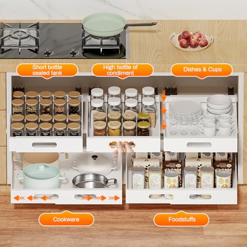 HASTHIP® Pull Out Cabinet Organizer 34-50cm Adaptable Width Design Carbon Steel Kitchen Closet Sliding Drawer No Drill Adhesive Integrated Rail 12.5cm x 34-50cm 3PCS