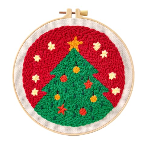 HASTHIP® DIY Christmas Tree Punch Needle Art Kits, Festive Activity for Kids & Adults, Easy and Fun Punch Needle Gift Desk Decor, with Yarn, Pre-Paints Canvas, Embroidery Hoop, Step by Step Tutorial