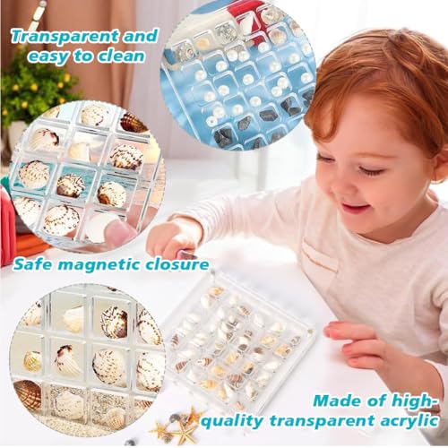 Supvox® Seashell Collection Box Collectible Sea Shell Organizer Display with Strong Magnets 36-Compartment Clear Acrylic Mini 12.5x12.5cm 2PCS