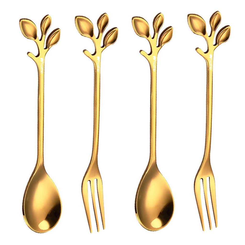 HASTHIP Coffee Spoon and Dessert Fork Set for Tea and Appetizers with Leaf Design | 4 Pcs 4.7 in Stainless Steel Gold Tableware