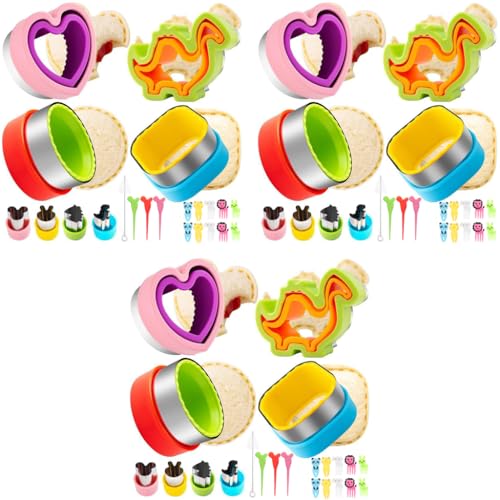 HASTHIP® 66PCS Kid Sandwich Cutter and Sealer Set with Cute Vegetable Molds Cartoon Fruit Fork DIY Homemade Bread Maker Shapes for Kids with Cleaning Brush