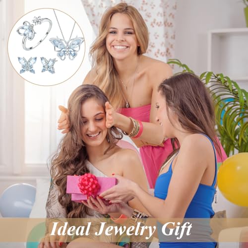 SANNIDHI® 4 Pcs Jewellery Set for Women Girls Crystal Butterfly Chain Pendant Necklace Adjustable Finger Rings Studs Earrings Stylish Necklace Set Valentine Birthday Gift for Women, Girls - Blue 12 PCS