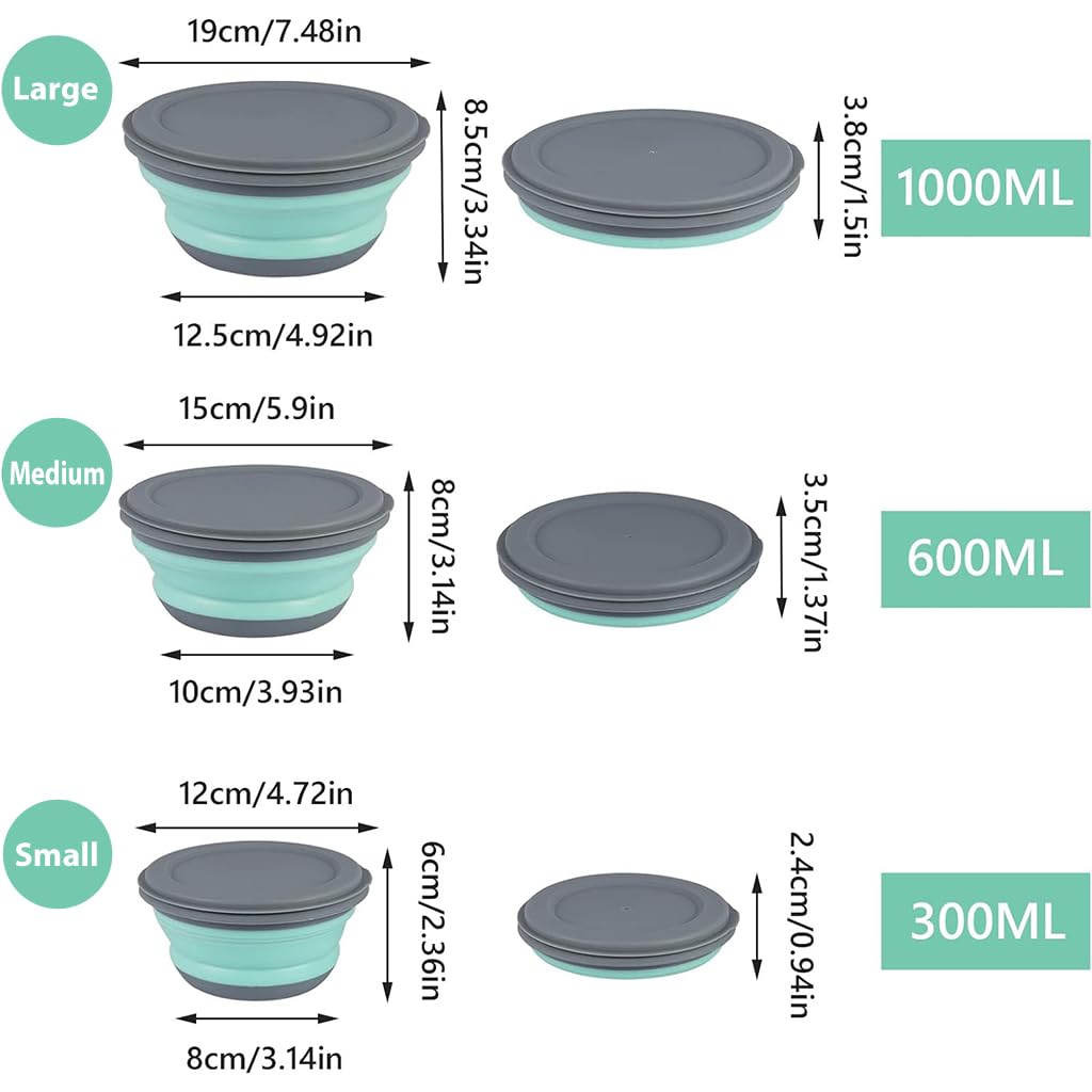 HASTHIP Collapsible Bowl Set for Camping and Travel featuring Leak Proof Lids and 3 Sizes 300ml 650ml 900ml