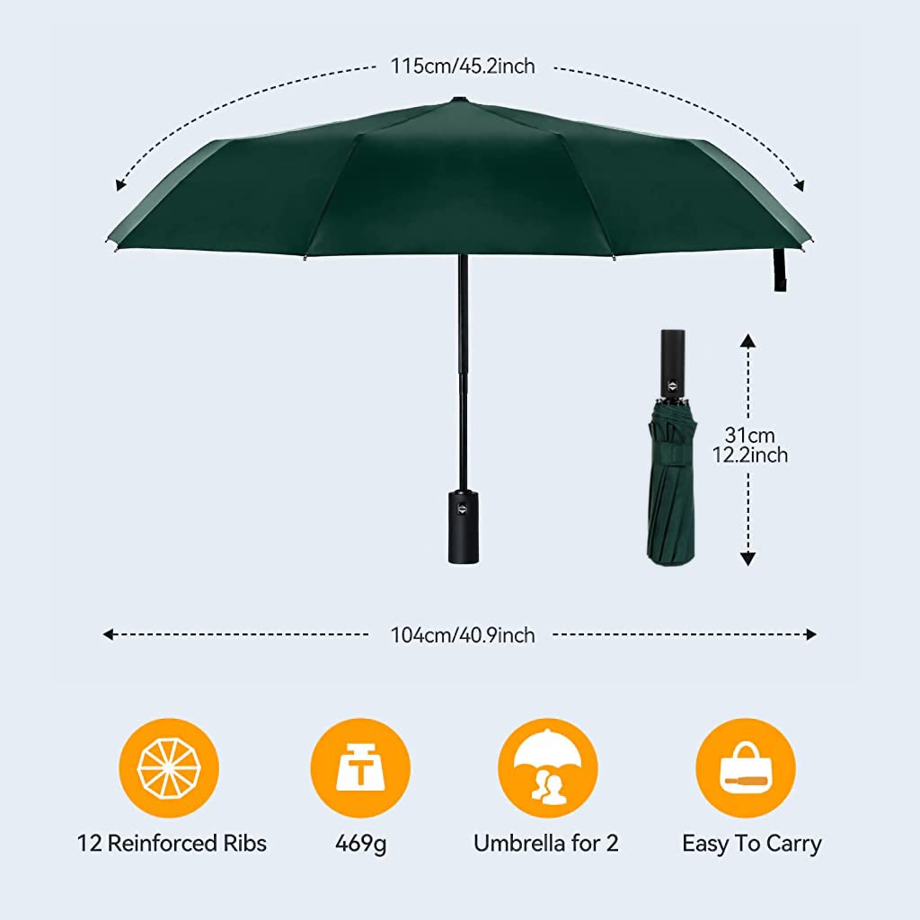 Venzina Umbrella for Travel with 12 Fiberglass Ribs and 41 in Coverage | Auto Open Green