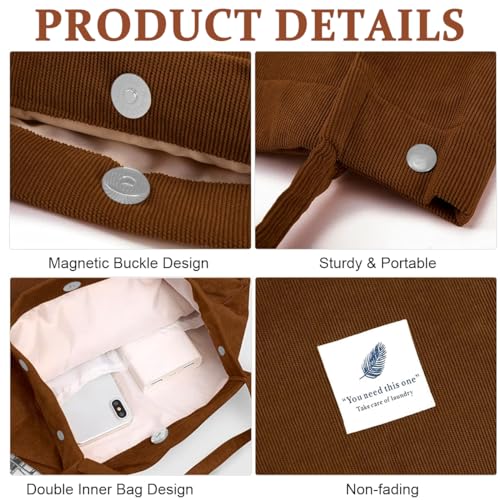 PALAY® Tote Bag Corduroy Solid Color Hand for Women Shoulder Shopping Commuting Large Grocery Brown 3PCS