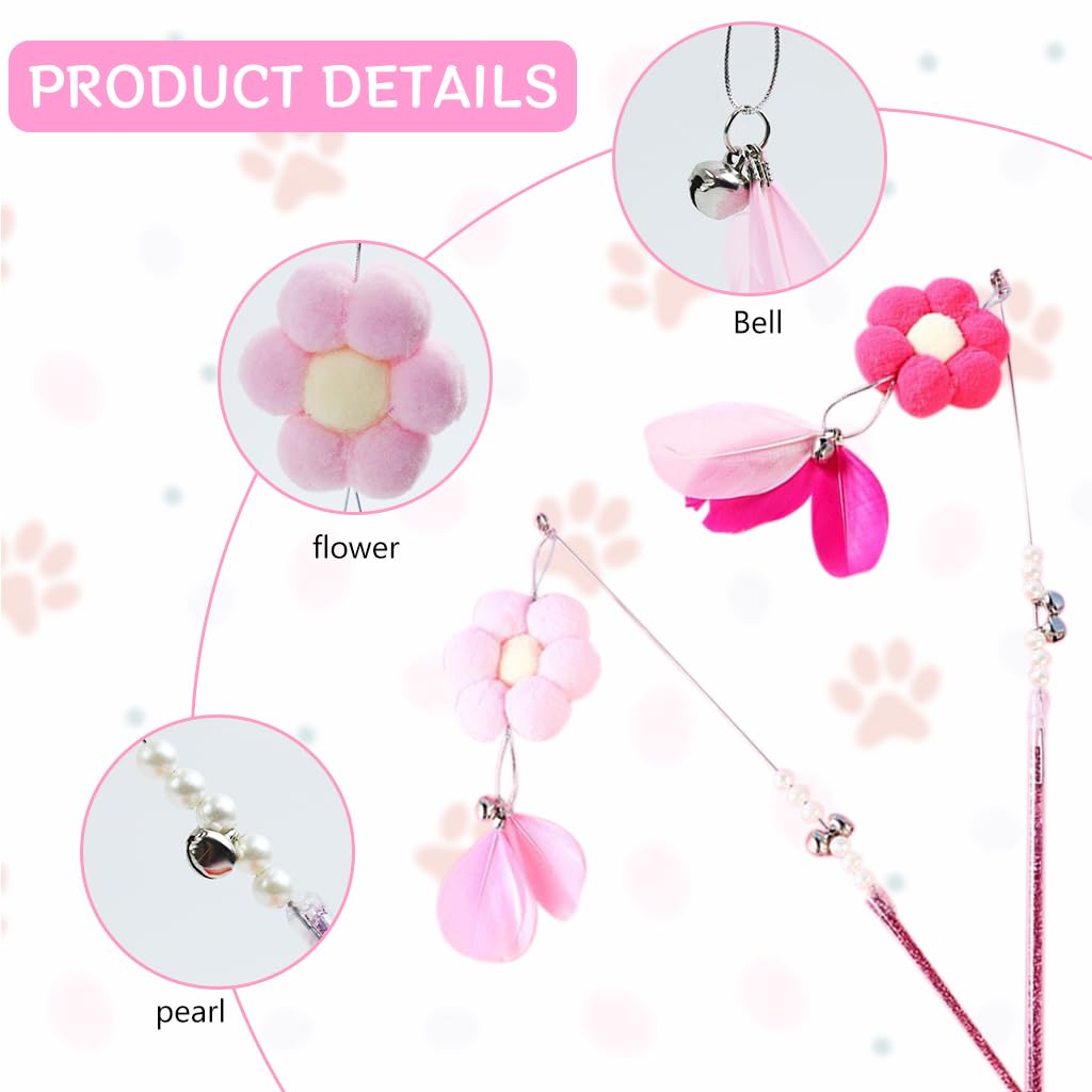 Qpets Cat Toys for Interactive Play with Flower Feather Wand and Bell | 2 pcs Red and Pink