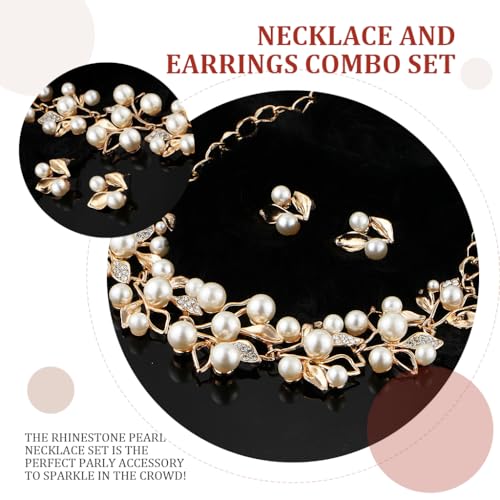 ZIBUYU® Necklace & Ear Studs Combo Set Floral Pearl Necklace Ear Studs Bold Sparkling Rhinestone Embellishment Alloy Chain Necklace Women Jewelry Gift Set, Golden