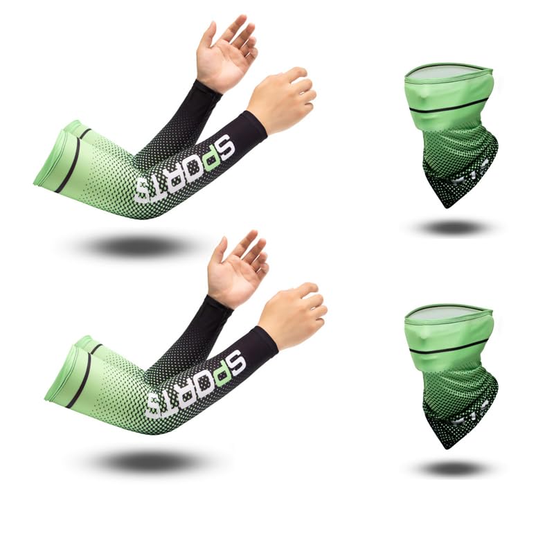 ZIBUYU® 4PCS Hand Gloves for Sun Protection & Bandana UPF50 Cooling Combo for Men & Women with UV Protection, ICY Silk, Stretch Fit, Quick Dry Breathable, for Cricket, Running, Outdoor Sports(Green)