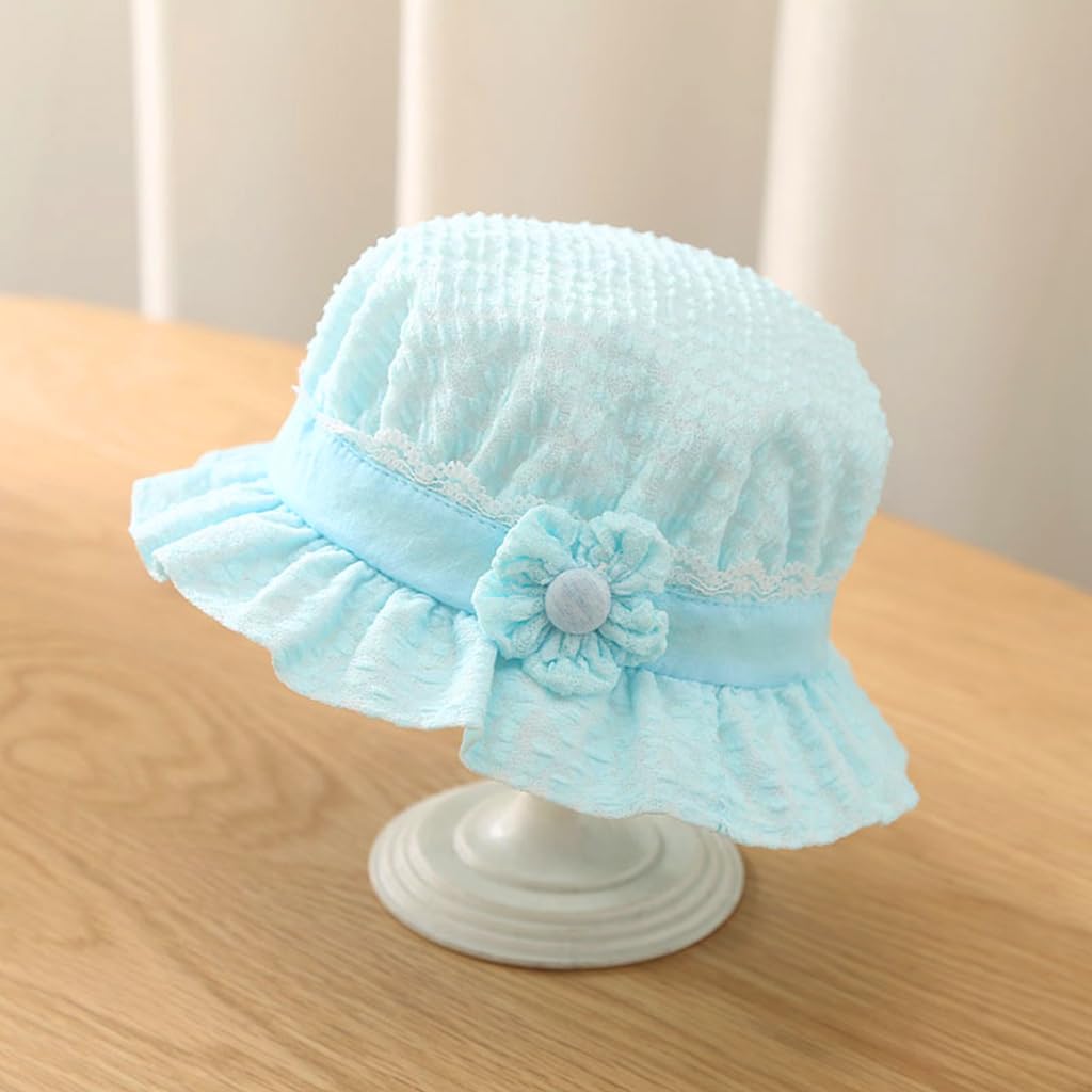 SNOWIE SOFT Turban Cap for Baby Girl with Windproof Chin Strap and Ruffle Brim | Blue Cotton Hat 42–46 cm