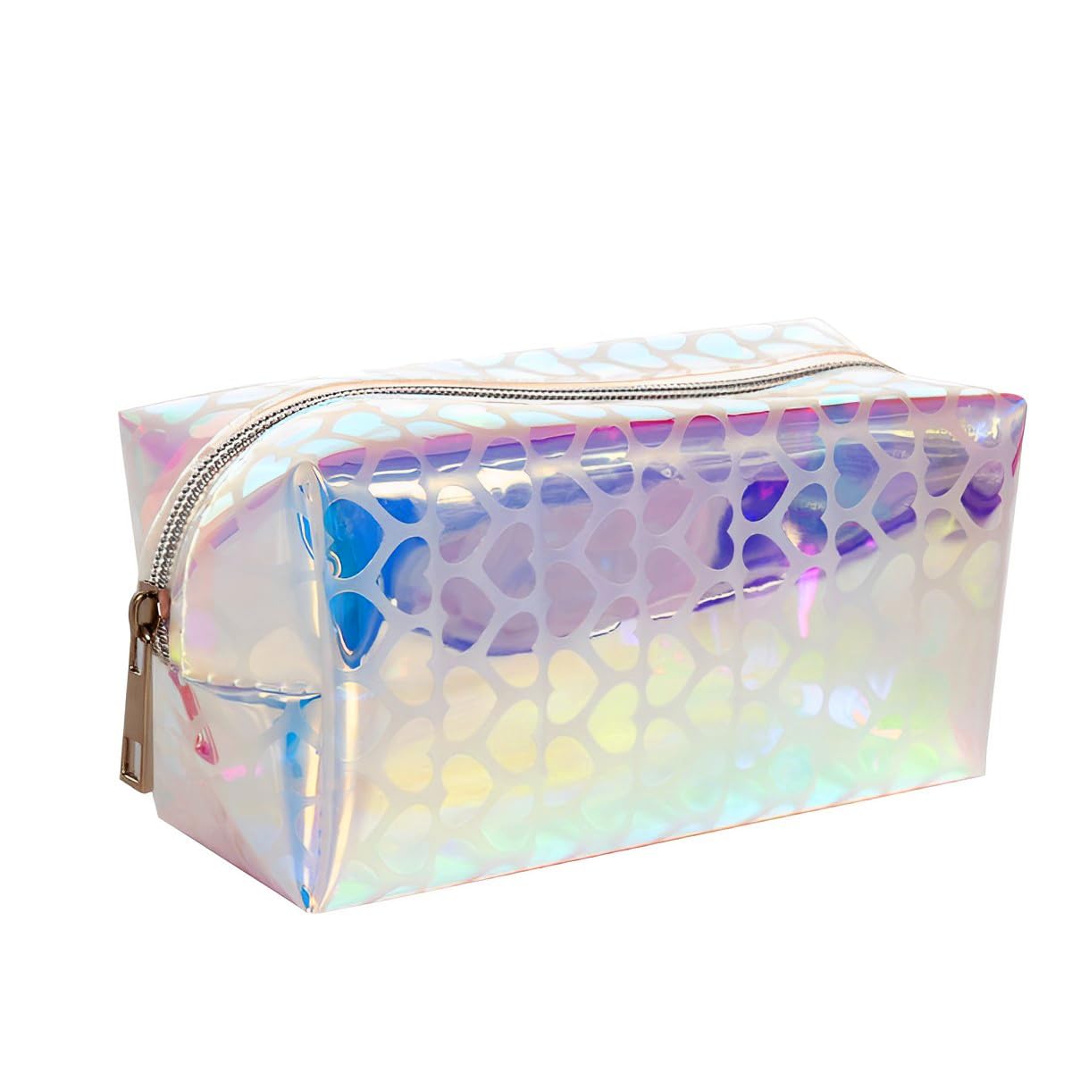 MAYCREATE Makeup Pouch Organizer for Travel with 16×8.5×9cm Capacity featuring Semi‑Transparent TPU & Holographic Heart Print | Cosmetic Bag for Women and Girls