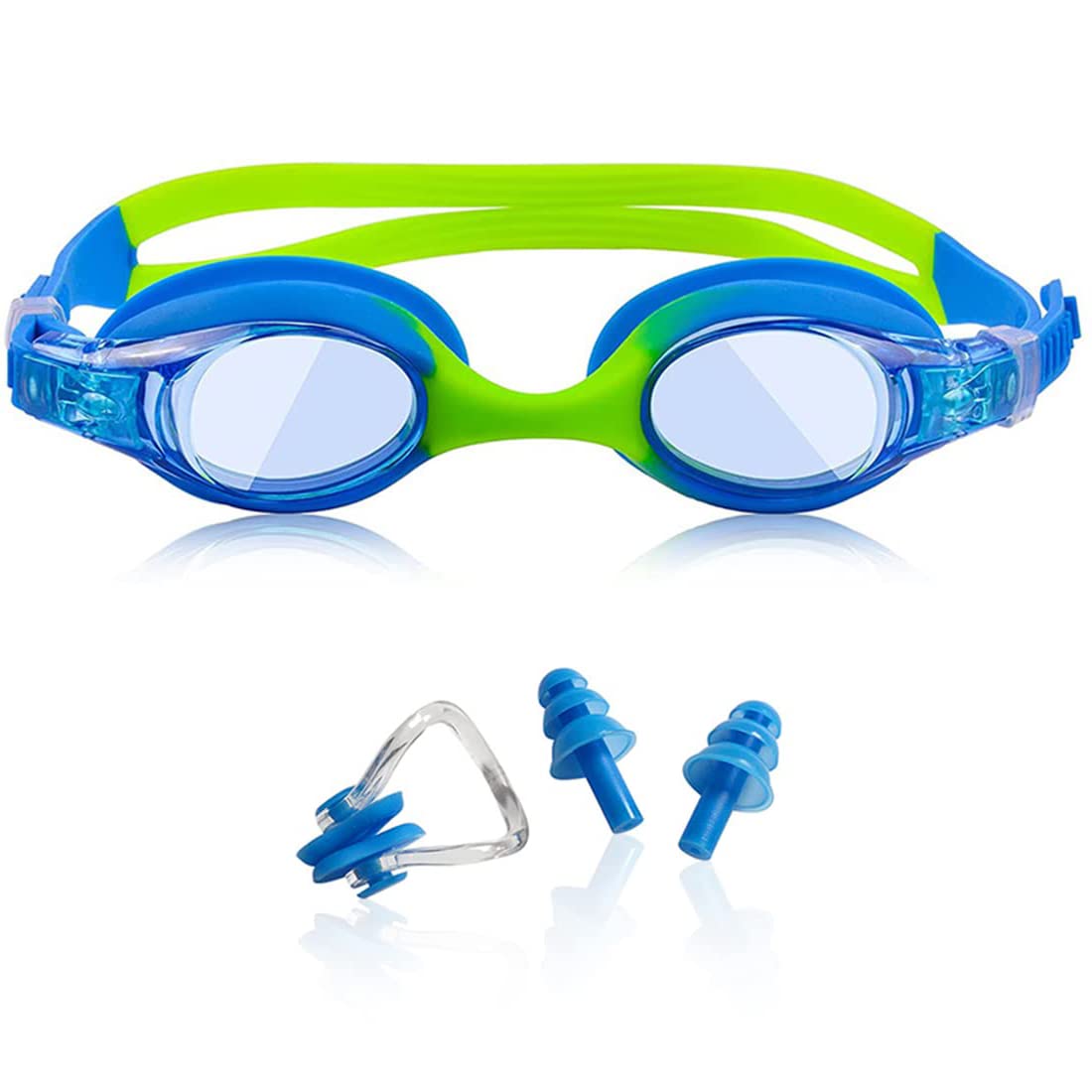 Proberos Swimming Goggles for Kids with Anti Fog UV Protection and Adjustable Strap | Blue Silicone Set with Earplugs and Nose Clip