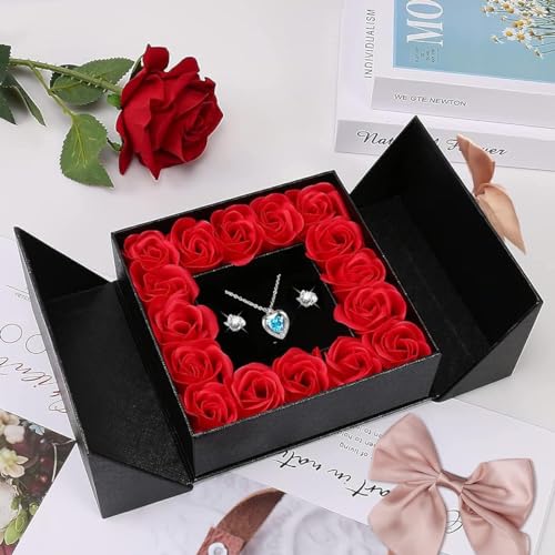 HASTHIP Gift for Women Romantic Rose Jewelry Set Rhinestone Heart Pendent Necklace Earstuds Set Soap Rose Flower Jewelry  Set Valentine's Day Gift Anniversary Gift Birthday Gift for Women