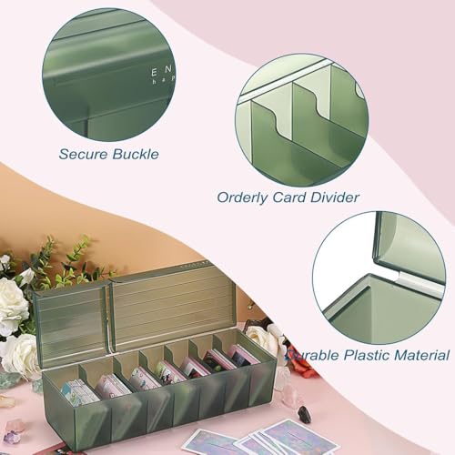 ZIBUYU® OwnMy Plastic Trading Card Storage Box with Fixed 6 Dividers, Holds 300+ Cards, Transparent Organizer Case with Writable Labels, Dustproof, Green-DarkGreen, 29x10.4x8.1cm, 1 Pack