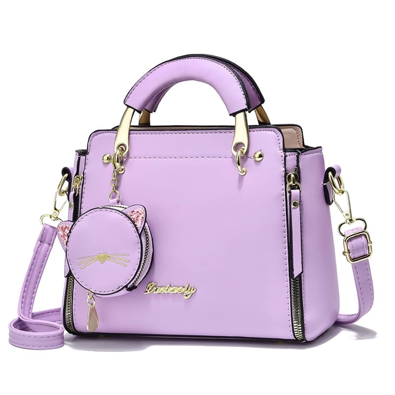 ZIBUYU® Hand Bag for Women Stylish PU Small Tote Bag with Detachable Strap & Cat Ear Pouch, Crossbody Shoulder Bag for Daily Use (Purple, 24x10x18cm)