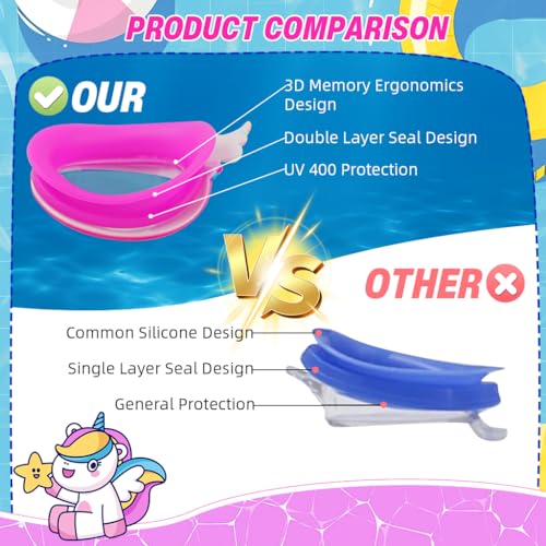 Proberos® Kids Swimming Goggles Anti-Fog UV Protection Adjustable Silicone Seal Leak-Free Fit Cartoon Rainbow Unicorn Design Ear Plugs Case 6-12 Years 3PCS