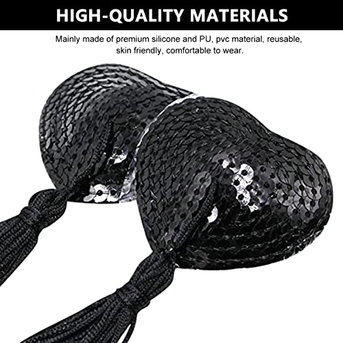 PALAY® Nipple Cover Pasties Silicone Sequin Tassel Bra Reusable Romantic Adhesive Heart Nipple Pasties with Tassel for Lady Women (Black, One Pair)