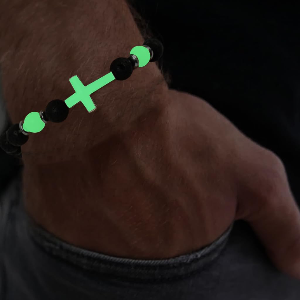 PROBEROS Bracelet for Man with Luminous Cross Beads and Natural Volcanic Stone | Unisex Stretch Design