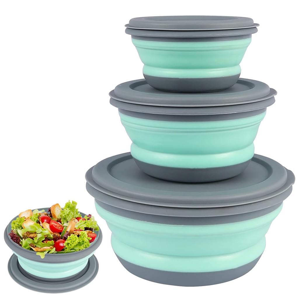 HASTHIP Collapsible Bowl Set for Camping and Travel featuring Leak Proof Lids and 3 Sizes 300ml 650ml 900ml