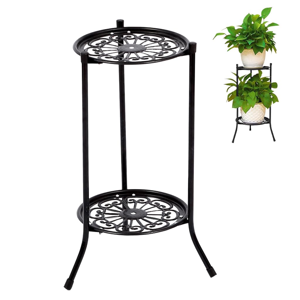 HASTHIP Double Layer Plant Stand for Indoor and Outdoor Use featuring Hollow Out Trays | 60cm Metal Holder in Elegant White