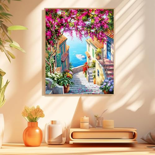 HASTHIP® Paint by Numbers Art Kit Mediterranean Dreamscape Acrylic Oil DIY Canvas Painting Wall Decor Home Gift Craft Kit with Tools Pigments No Frame 16x20 inches 3PCS