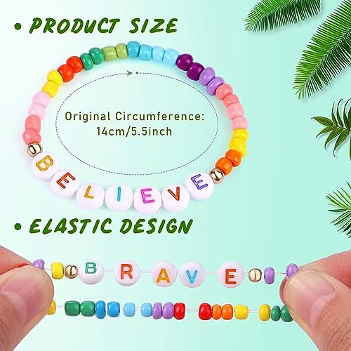 SANNIDHI® 12pcs Heishi Surfer Beads Bracelet for Girls Women, Colorful Elastic Friendship Bracelets Set, Acrylic Letter Seed Beads Cheer Bracelets Bulk, Stackable Kids Jewelry Gift