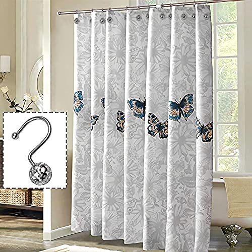 HASTHIP® 12 Pack Silver Shower Curtain Hooks Rings, Metal Rustproof Shower Hangers Rings, Household Shower Curtain Hooks for Bathroom Curtains Rods Hollow Ball Design