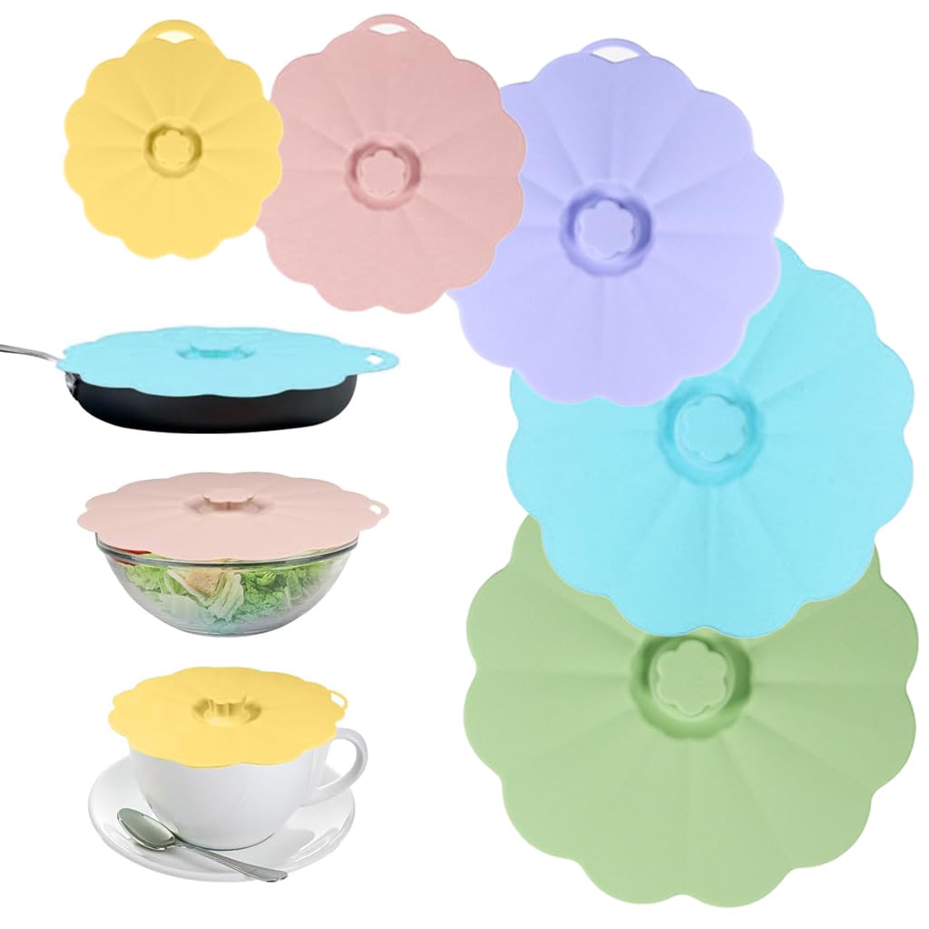 HASTHIP® Silicone Bowl Lids, 5 Sizes Silicone Lids for Food and Bowl Covers Silicone Covers for Food Safe Silicone Bowl Covers Silicone Food Covers Silicone Pot Cover Microwave Cover, Multicolor