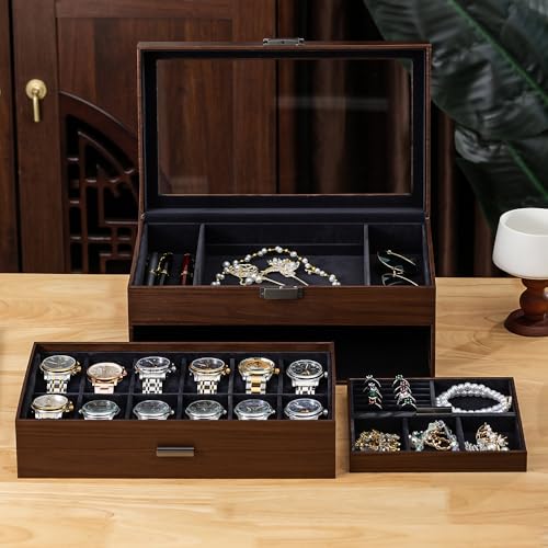 GUSTAVE® Jewelry Box with Pull-Out Wrist Watch Organizer, Double Layer Wooden Jewelry Organizer with Clear Window, Valuables Safekeeper Jewelry Box for Rings, Earrings, Necklace, Watch, 33.5x20.2x15cm