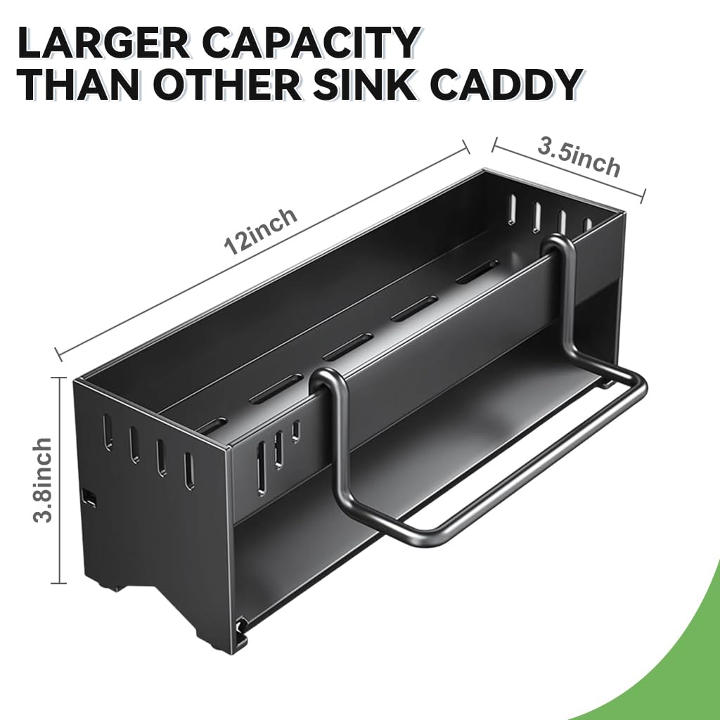 HASTHIP Metal Sponge Holder for Kitchen Sink with Water Guiding Panel & Towel Bar | 30.5x9.6x9 cm Stainless Steel Organizer