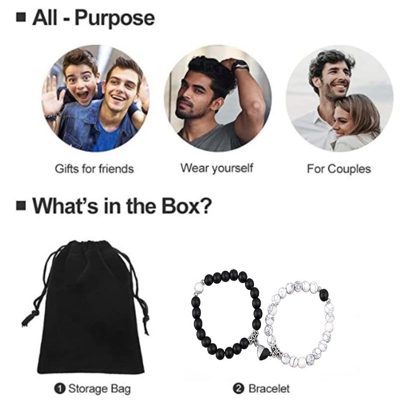 SANNIDHI Couple Bracelets for Lovers featuring Magnetic Heart Connection and 8mm Beads | 2 Pcs