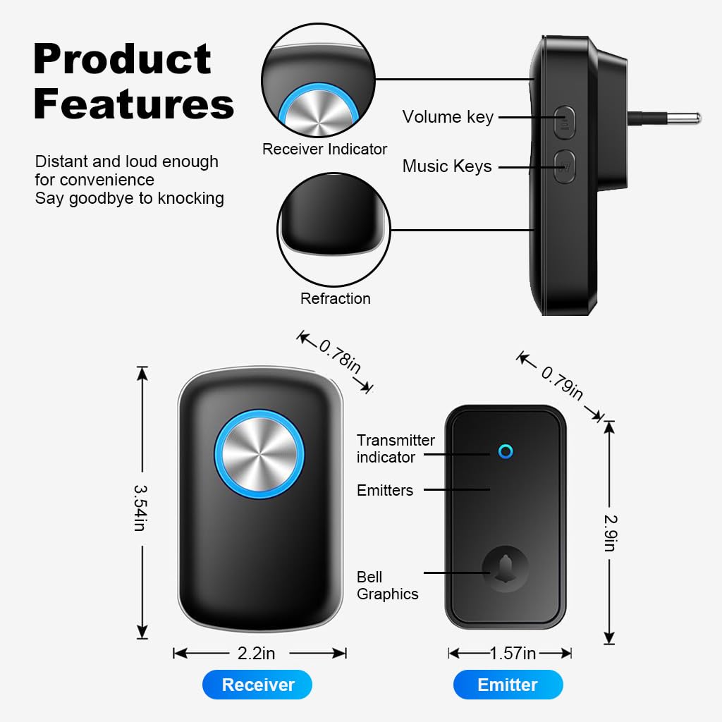 Supvox® Wireless Doorbell Kit, LED Flash Door Bell for Home Office, Self-Powered Doorbell Transmitter, 492ft Application Range, 60 Ringtone Switchable, Clear and Loud Sound, 5 Volume Level Adjustable