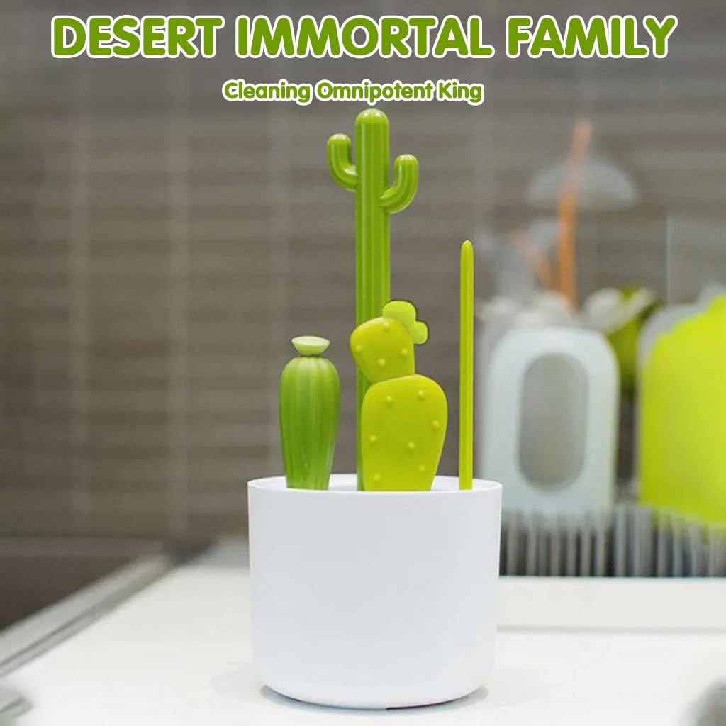 SNOWIE SOFT Bottle Cleaner Brush Set for Drinkware and Jars with Cactus Design | 4Pcs Nylon Bristles and Storage Holder