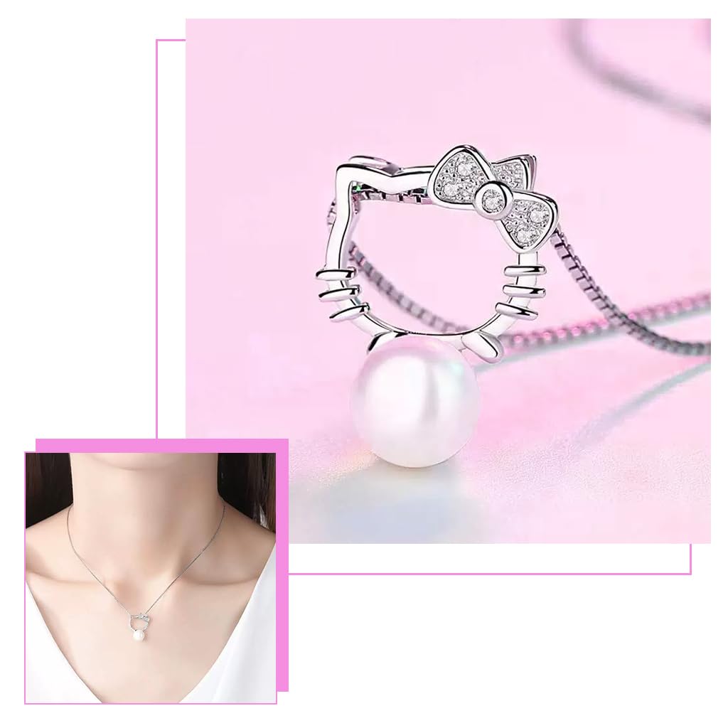 SANNIDHI Hello Kitty Necklace for Women and Girls with Rhinestone Pendant | Velvet Gift Box
