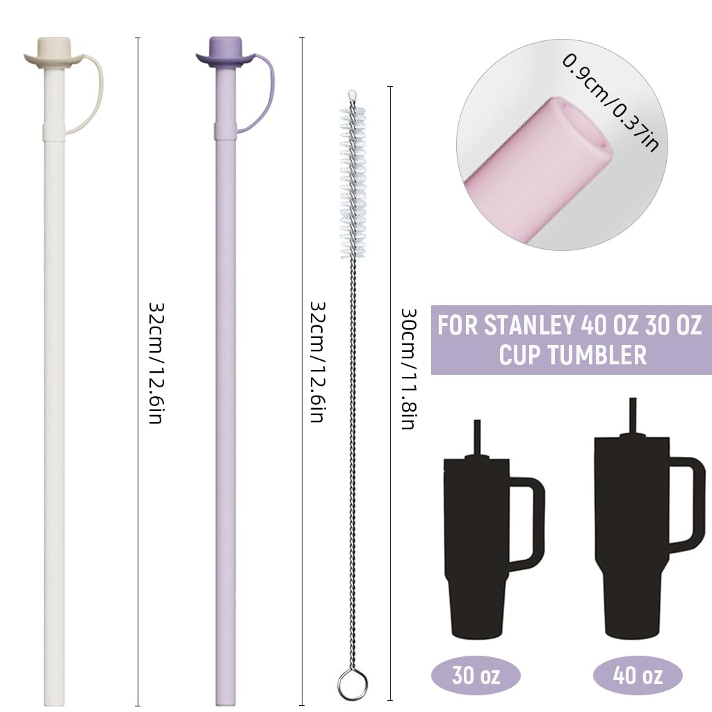 HASTHIP Silicone Straws 2Pcs for Stanley 40 oz Tumblers with Caps and Cleaning Brush | 12 inch Reusable Drinking Straws