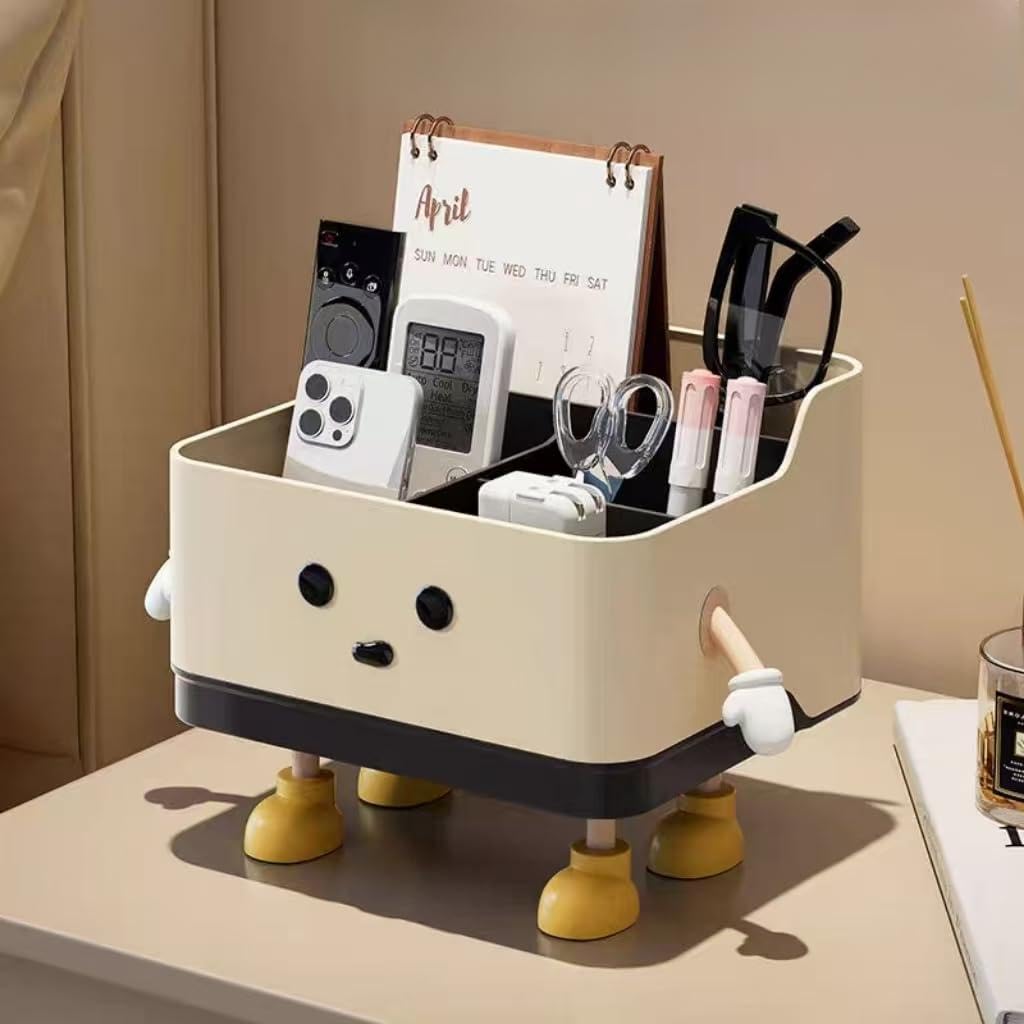 OFIFO® Cute Desktop Organizer with Storage Compartments Creamy White Desk Storage Box Desk Organizers and Accessories (Stand)