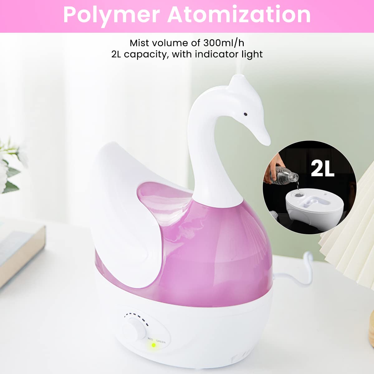HANNEA Humidifier for Room Moisture with 2L Tank and Swan Design | 30dB Silent Ultrasonic Cool Mist