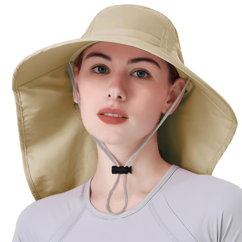 GUSTAVE® Ultra-Light Sun Hat for Women With Wide Brim & Neck Flap, UPF 50+ Protection, Adjustable Chin Strap, Breathable Side Mesh - Perfect For Hiking, Fishing & Gardening, Fits 22-24