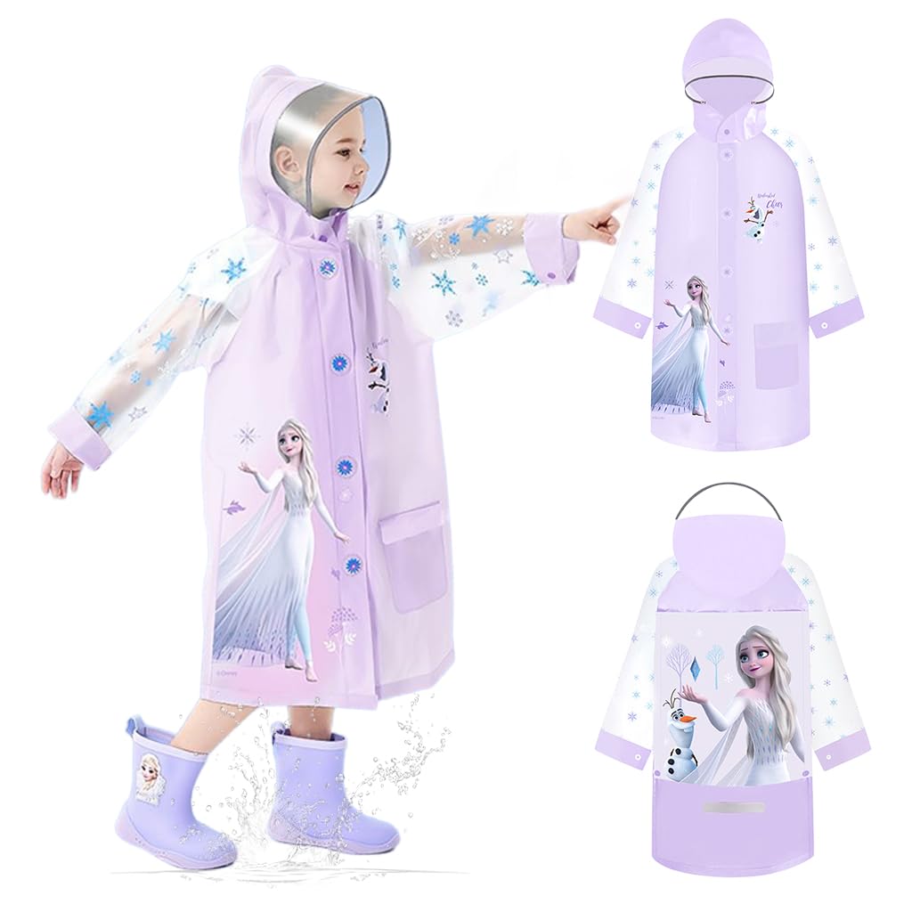 PALAY® Raincoat for Kids, Kids Raincoat for Girls with Pockets, EVA Rain Coat for Kids with Hooded Poncho & Backpack Cover, Princess Print Knee-Length Cartoon Rain Coat for Girls (XL)