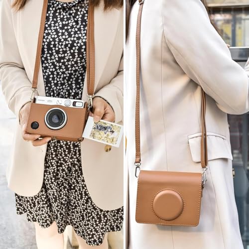 ZORBES® PU Case for Fujifilm Mini EVO Instant Camera Anti-Scratch Fashion Vintage Brown Protective with Removable Shoulder Belt 2 PCS
