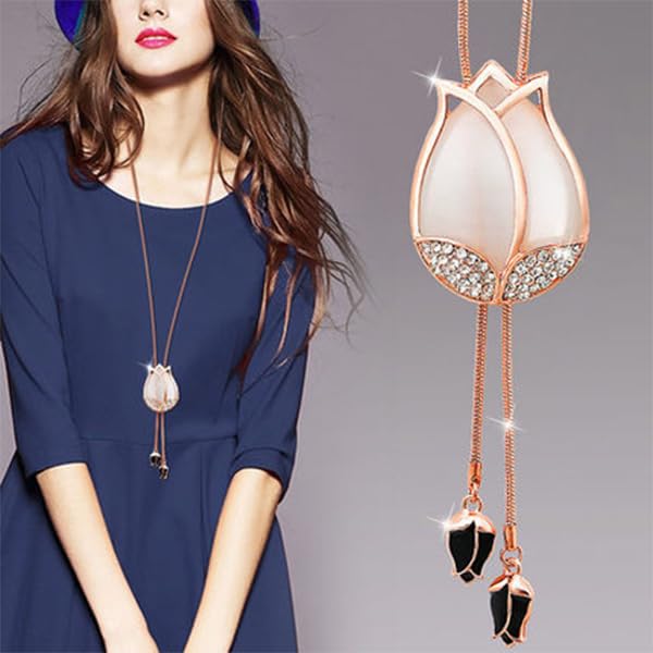 Zibuyu Rose Gold Opera Necklace for Women with Opal Tulip Pendant and Rhinestones | Elegant Accessory for Gowns and Dress Shirts