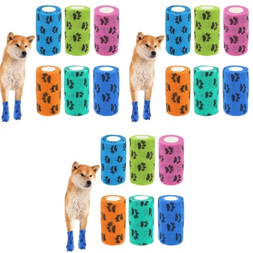 Qpets® 18PCS Dog Bandages Self-Adhesive Pet with Cute Paw Print Design Waterproof Non-Woven Cat Injury Recovery Wrap Lick-Proof Breathable 10x5.4cm Total Length 4.5M